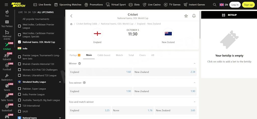 Parimatch, cricket match page