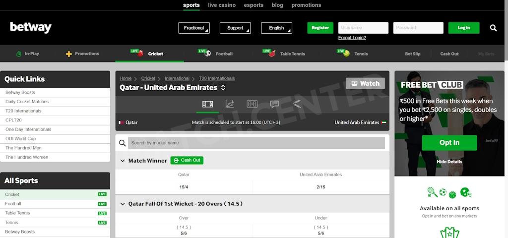 Betway India, match page